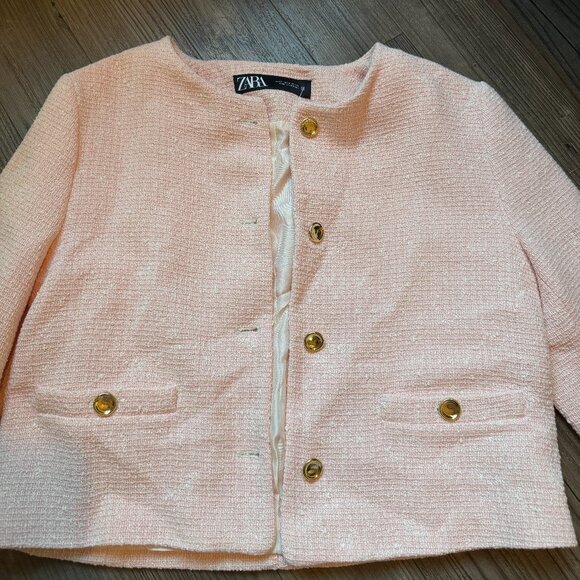 Zara Pink White Tweed Boucle Cropped Blazer - Small - Picture 2 of 12